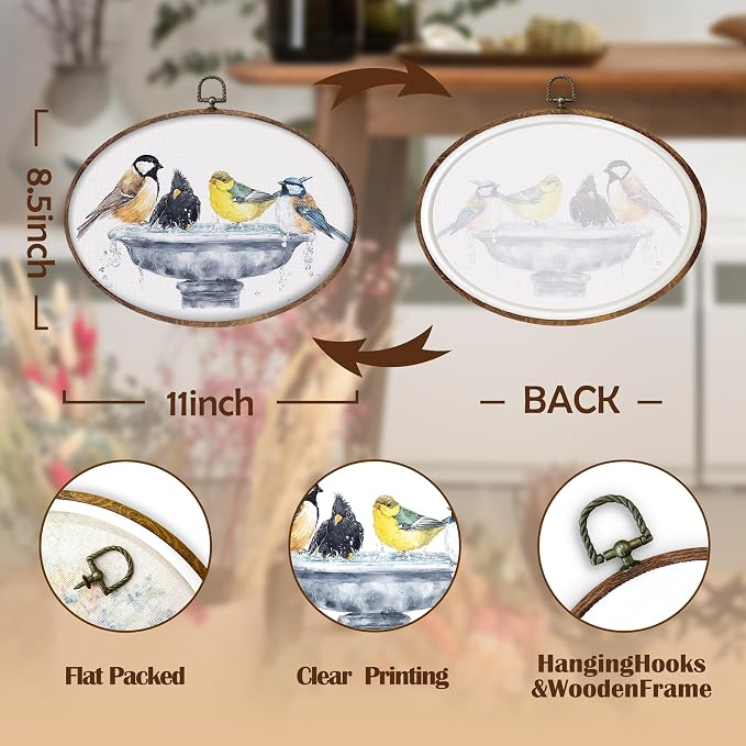 DILSJ Bird Oval Wall Art Decor, Country Bird Bath Canvas Wall Art Framed, Rustic Watercolor Birds Hanging Decorations for Bathroom Washroom Restroom Toilet, 8.5x11 Inch