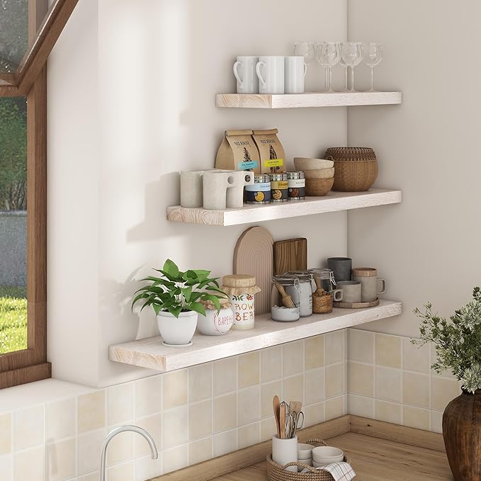 Axeman Floating Shelves for Wall, Rustic Elm Wood 48''W x 8" D Wall Shelf with Invisible Bracket, Large Long Wall Mounted Storage Shelves for Living Room, Bedroom, Kitchen, Bathroom Decor, White Wash