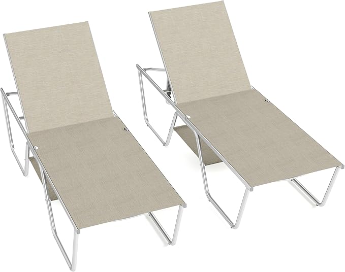 PHI VILLA 78" Oversized Outdoor Chaise Lounge Chair Set of 2, 27" Extra Wide Foldable, 5-Position Adjustable, UV50+ Textilene Mesh, Rust-Proof Powder-Coated Frame, Khaki Beige