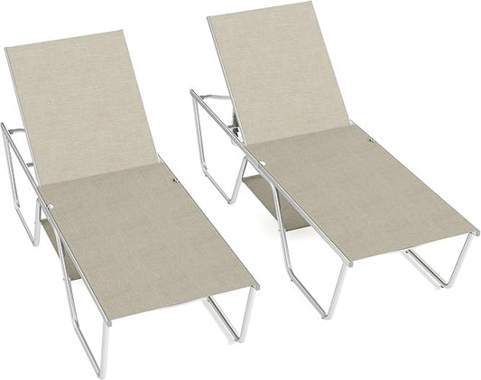 PHI VILLA 78" Oversized Outdoor Chaise Lounge Chair Set of 2, 27" Extra Wide Foldable, 5-Position Adjustable, UV50+ Textilene Mesh, Rust-Proof Powder-Coated Frame, Khaki Beige