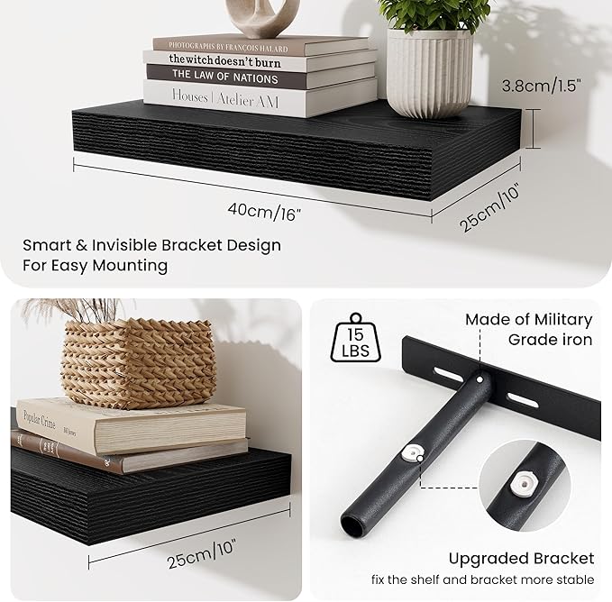 Fun Memories Black Floating Shelves for Wall - 10 x 16 Floating Shelf - Rustic Wood Storage Shelf - Wall Shelves with Invisible Bracket - 16" Bookshelves for Living Room & Bedroom - Black - Set of 2