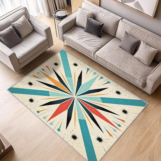 Mid Century Modern Rug 3x5, Washable Retro Sun Rugs for Living Room Bedroom, Atomic Geometric Area Rug for Home Decor, Non Slip Backing Floor Carpet with Gripper - 3 x 5 ft