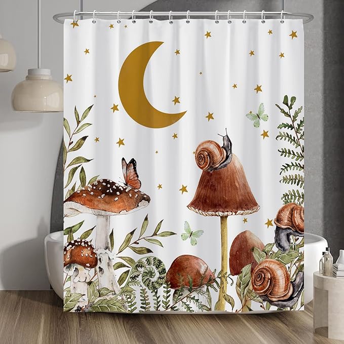 Baocicco Mushroom Shower Curtain Cute Retro Mushrooms Butterfly Snails Botanical Moon Stars Shower Curtains Decorative for Bathroom Waterproof Fabric Shower Curtain with Hooks 60x72 Inches