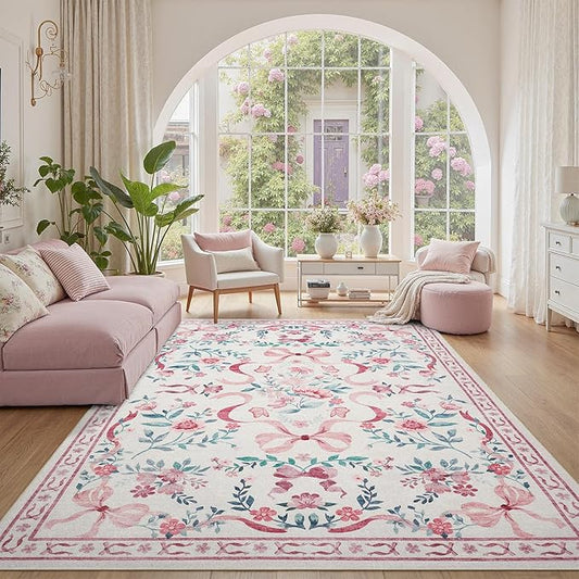 DCX Washable 9x12 Bow Rug, Pink Floral Rug for Girls’ Bedroom, Cute Soft Low Pile Indoor Décor Carpet, Kid & Pet Friendly Nursery Rug for Living Room, Dorm, Playroom