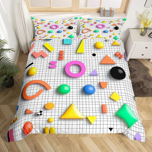 80s 90S Fashion Style Bedding Set Queen Size,Retro Memphis Style Pattern with Geometrical Shapes Duvet Cover for Kids Child,Funky Hipster Old Fashioned Comforter Cover Geometric Bedroom Decor