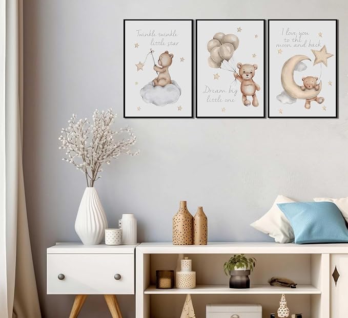 MTLXSBLT 3Pcs Nursery Teddy Bear Wall Art Cute Little Bears Wall Decor Slepping Teddy Bears Posters Prints Moon Star Cloud Neutral Nursery Canvas Pictures for Kid's Room or Bedroom Painting Unframed