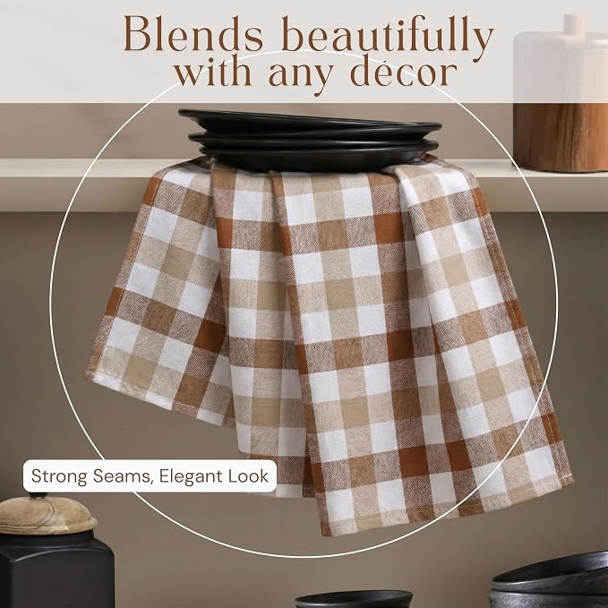 Checked Dish Towels 12 Pack, 18x26 Inches, Quick Dry Towels for Kitchen, Durable, Reusable, Absorbent Wash Cloths Set, Washable Fabric, Heavy Duty for Daily Use - Brown, Beige, White