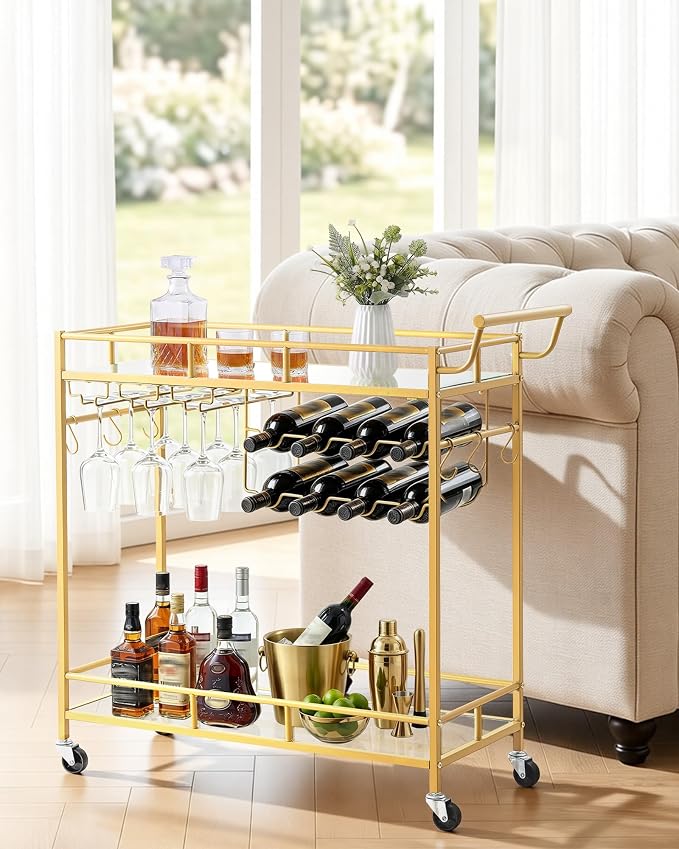 VEVOR Bar Cart, 2 Tiers Home Kitchen Serving Carts, Modern Rolling Utility Station on Wheels, Drink Beverage Trolley with Mirrored Glass Shelves, Wine Rack, Glass Holder, for Living Dining Room, Gold