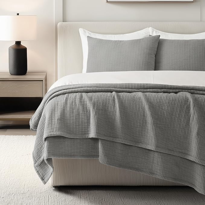 EVERGRACEHOME Cotton Gauze Full Queen Bedspread, Ultra Soft Prewashed Pick Stitch Matelassé Coverlet, Lightweight Oversized Queen Quilt Bedding Set for All Season, w/ 2 Shams, Fog Gray