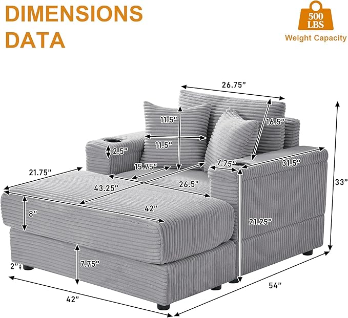 Oversized Chaise Lounge Chair Indoor with USB, Cup Holder & Ottoman, Firm Solid Wood Frame with Long Service Life Corduroy Oversized Lounge Reading Chair for Study Room - Grey