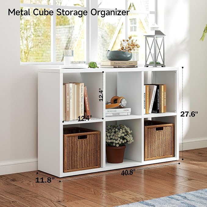 IRONMIX Metal 6 Cube Storage Organizer, White Short Bookshelf with Storage, Modern Cube Organizer with Shelves, 2-Tier Horizontal Bookshelf for Home Office, Library, Classroom (White, 1037)