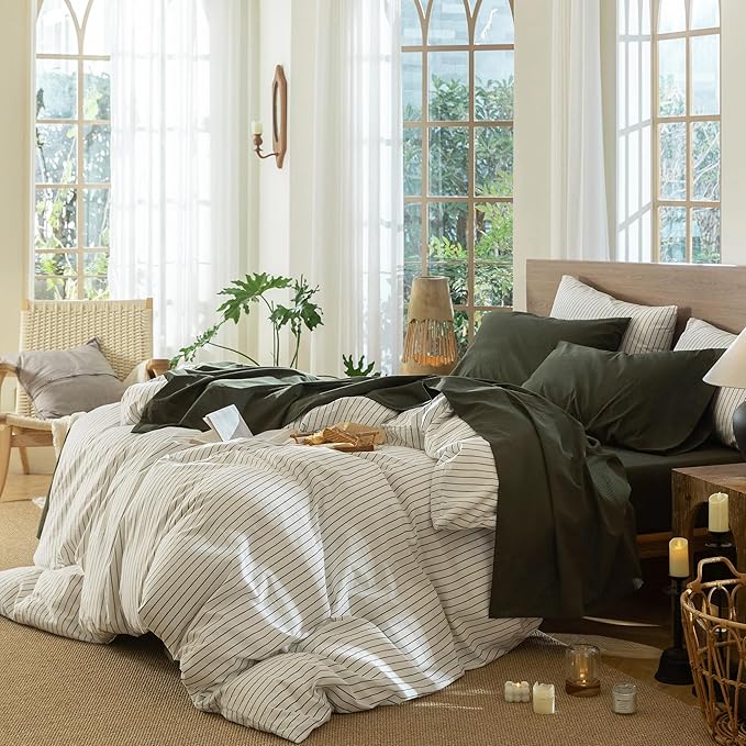 MooMee Bedding Sheet Set 100% Washed Cotton Linen Like Textured Breathable Durable Soft Comfy (Solid Olive Green, King)