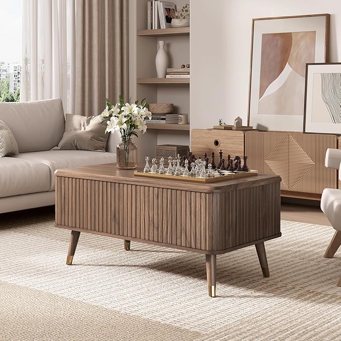 Lift Top Coffee Table with Storage, Mid Century Modern Rectangular Center Table, Fluted Design with Hidden Compartment, Rising Desk for Work from Home, Living Room Furniture, Walnut Finish