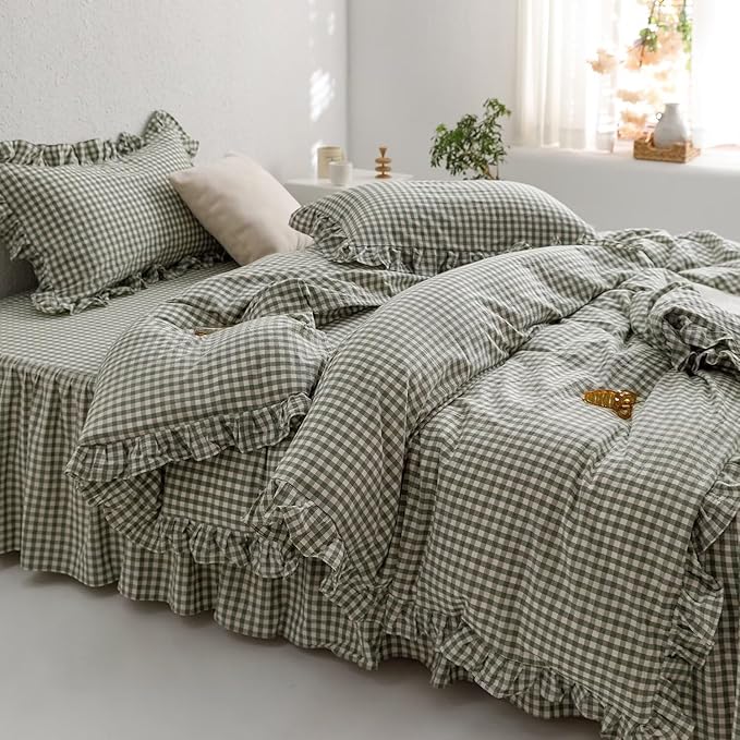mixinni Green Gingham Ruffle Duvet Cover Twin Size 3 Pieces – 100% Washed Cotton, Vintage Plaid Ruffled Bedding Set with Zipper Ties, Soft Checkered Grid Farmhouse Chic Comforter Cover Set