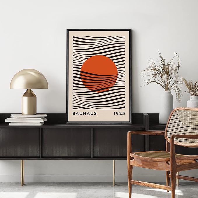 MUDECOR Framed Canvas Print Wall Art Mid-Century Bauhaus Red Sun & Black Waves Shapes Abstract Illustrations Modern Art Minimal Multicolor Relax/Calm for Living Room, Bedroom, Office - 24"x36" Black