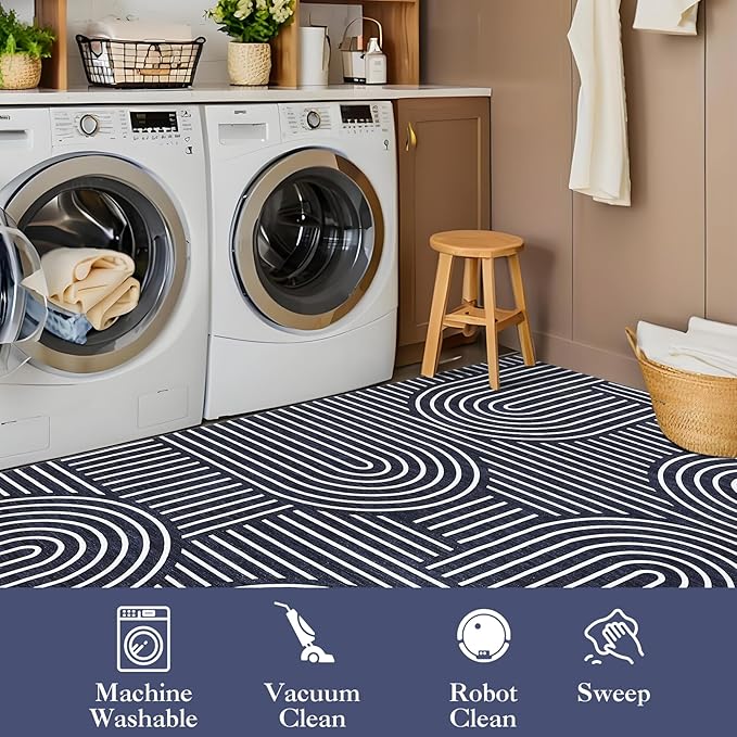 Area Rug 8x10 Washable Modern Geometric Lines Rug Low Pile Soft Bedroom Carpet Non Slip Non Shed Living Room Accent Carpets Ultra-Thin Foldable Boho Carpet for Playroom Farmhouse Dining, Blue