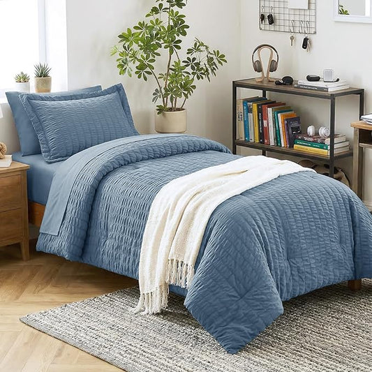 CozyLux Twin XL Comforter Set Grayish Blue, 5 Pieces Seersucker Twin Extra Long Bed in a Bag, College Dorm Down Alternative Bedding Set with Comforter, Sheets, Pillowcase & Sham, Back to School Gift