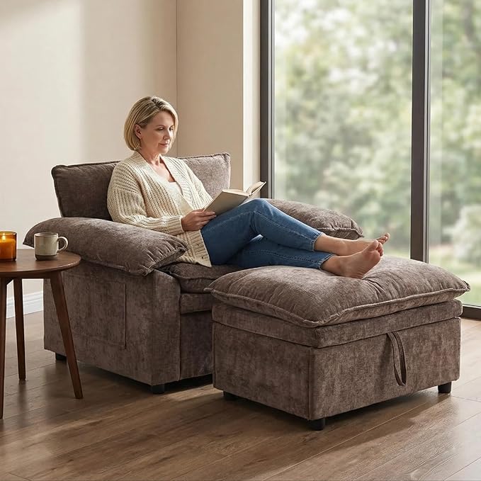 Furnimart Oversized Accent Chair with Storage Ottoman, Super Plush Cloud Chair with Chunky Cushion, Comfy Chenille Chaise Lounge for Living Room Bedroom Reading Nook(Brown)