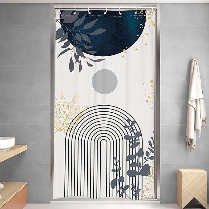 Riyidecor Small Stall Navy Blue Boho Mid Century Shower Curtain for Bathroom Decor 36Wx72H Modern Abstract Gold Leaves Minimalist Geometric Art Printed Fabric Polyester Waterproof 7 Pack Plastic Hooks
