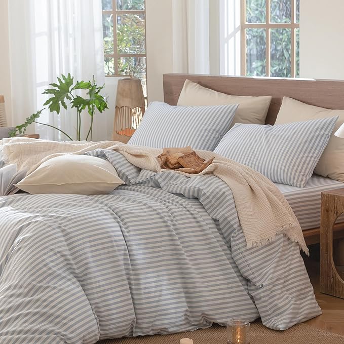 MooMee Striped Duvet Cover Set 100% Washed Cotton Linen Like Textured Breathable Durable Soft Comfy (Cornflower Blue White Classic Stripes, Cal King 104"x98")
