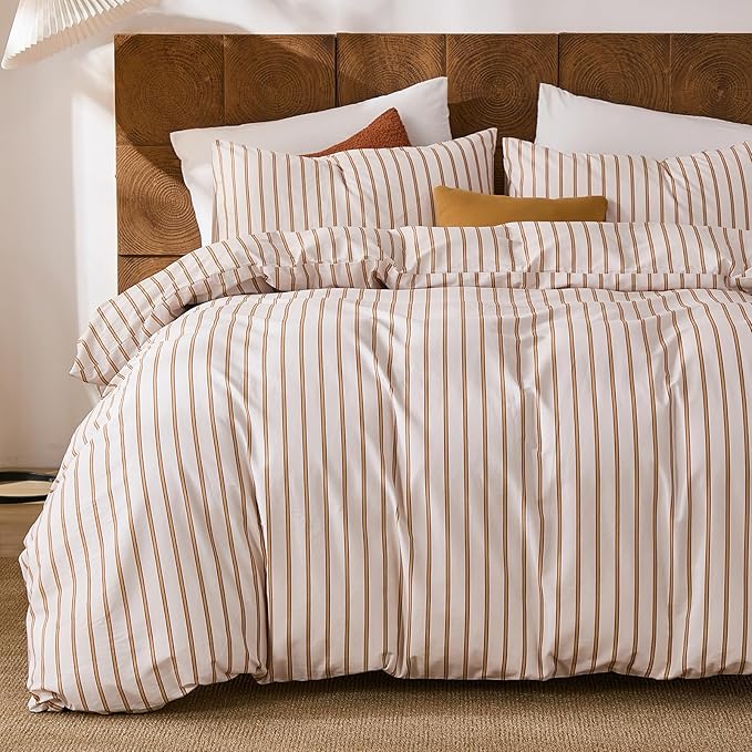 Merryword Striped Duvet Cover Set King Size 3 Pieces 100% Cotton Duvet Cover Set with Beige and Terracotta Vertical Stripe Design,Soft Lightweight Reversible Bedding Set for All Seasons