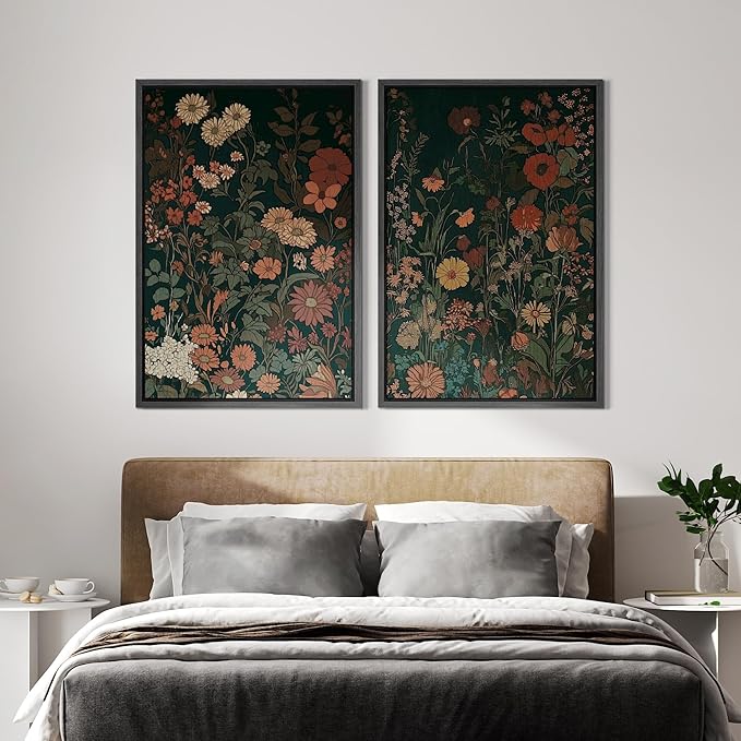 IDEA4WALL Framed Canvas Print Wall Art Set Vintage Wildflower Botanical Dark Green Floral Illustrations Modern Art Decorative Bohemian Calm/Zen for Living Room, Bedroom, Office - 16"x24"x2 Black