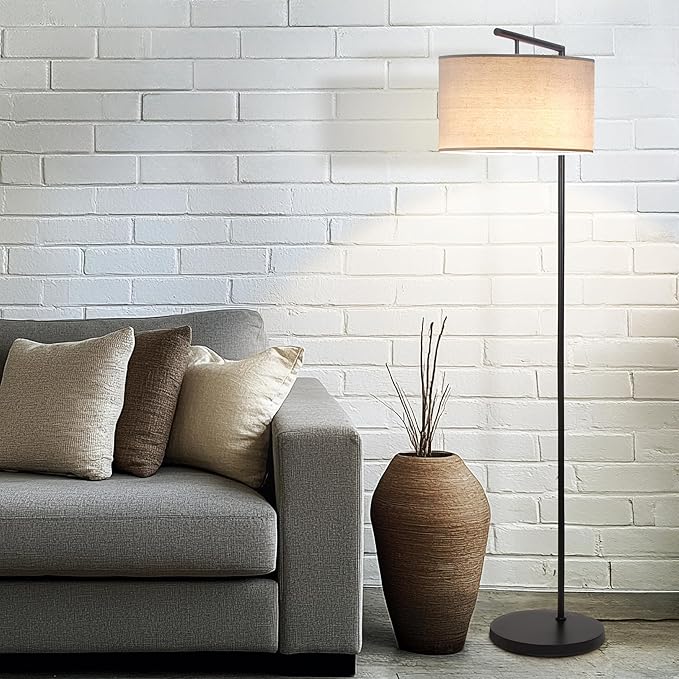 Brightech Montage Modern Floor Lamp - LED Standing Lamp with Tan Shade for Living Rooms & Offices - Bedroom Reading Light - Tall Corner Pole Lamp for Contemporary Home Decor - Black