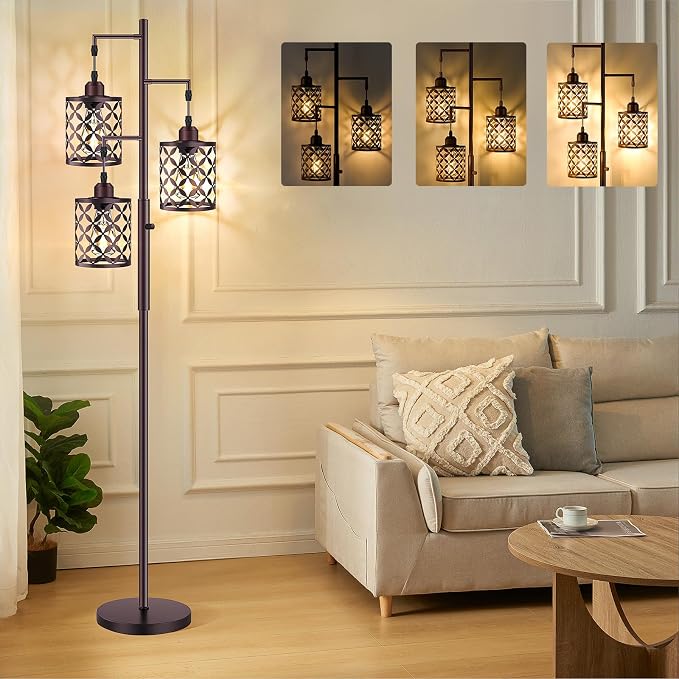 Dimmable Floor Lamp, Farmhouse Standing Lamp with Elegant Metal Cage, Industrial Tall Tree Floor Lamps for Living Room, Bedroom, Study Room, Office, 3 x 800LM LED Bulbs Included, 72", Brown