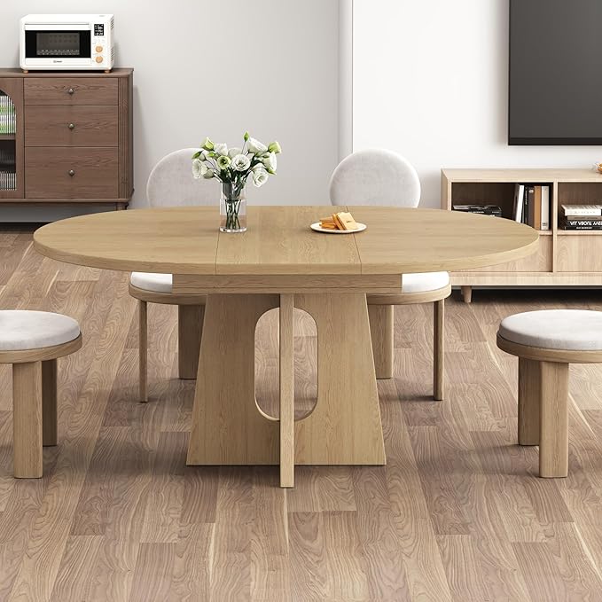 59-Inch Extendable Round Dining Table for Dining Room, 4-6 People Farmhouse Oval Wood Expandable Kitchen Dinner Table with Heavy Cross Pedestal for Living Room, Apartment, Light Oak
