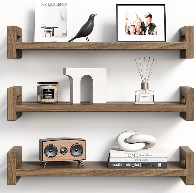 Vailando Floating Shelves for Wall, Set of 3 Solid Wood Wall Mounted Shelves, 16" Rustic Walnut Display Shelf for Bedroom, Living Room, Bathroom, and Kitchen Decor - Heavy-Duty & Natural Pine