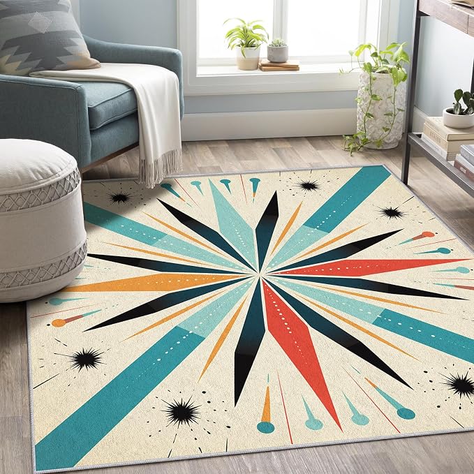 Mid Century Modern Rug 7x8, Washable Retro Sun Rugs for Living Room Bedroom, Atomic Geometric Area Rug for Home Decor, Non Slip Backing Floor Carpet with Gripper - 7 x 8 ft