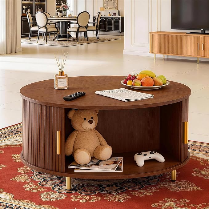 DHH Round Coffee Table, 31.5" Mid Century Modern Coffee Table with 360° Sliding Tambour Door, Fluted Accent Coffee Table with Storage Adjustable Footpads for Living Room (Walnut)