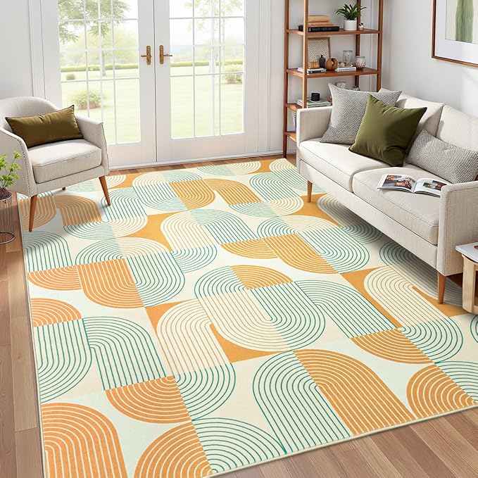 Large 8x10 Area Rugs for Living Room, Washable Modern Abstract Rug for Bedroom, Soft Non-Slip Indoor Floor Carpet for Dining Room Nursery Office Home, Orange