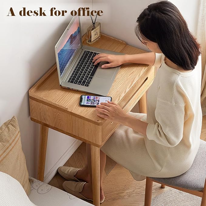 Solid Oak Wood Vanity Table Wood Desk with Drawer, Writing Desk Modern Desk Small Computer Desk for Bedroom Office (Log Color,15.74" D x 23.62" W x 30.7" H)