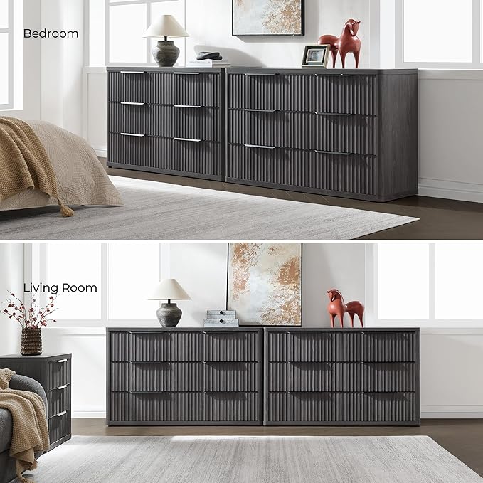 SICOTAS Dresser for Bedroom 53.5" Wide 6 Drawer Dressers & Chests of Drawers for Closet Long Large Modern TV Stand Set for Clothes Storage Fluted Clothes Closet for Hallway Entryway, Dark Grey Alder