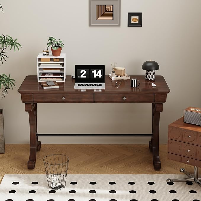 Farmhouse Oak Laptop Desk, Home Office Desks with 2 Storage Drawers, 47.2" Large Work Desk with Curved Legs, Secretary Desk for Home Office, Easy Assembly Vanity Desk, Study Table Station SSZD0036