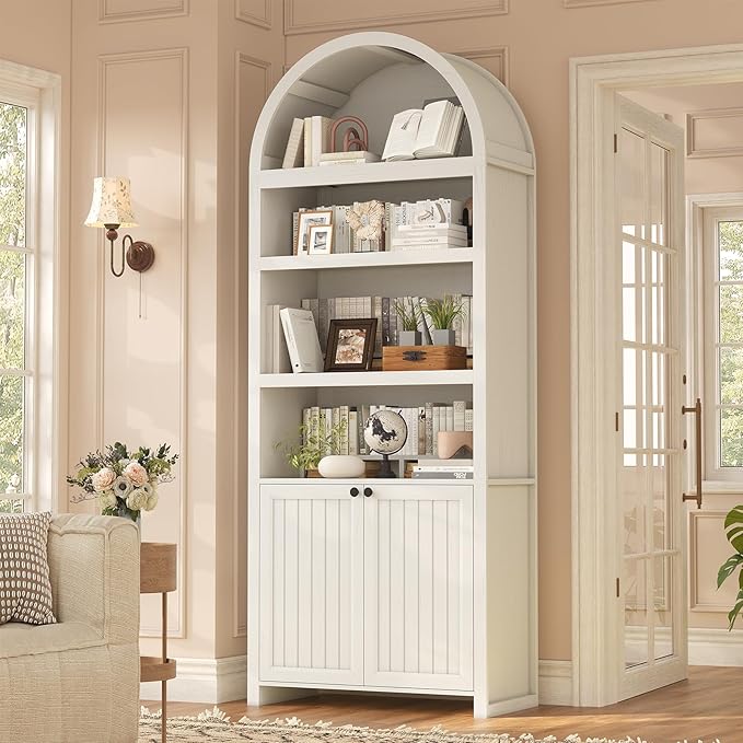 81" Tall Arched Cabinets,Bookcase with storage,Mid-Century Modern 6-Tier Bookshelf with Door,2 Book Risers and Adjustable Shelves give more storage space for Living Room,Home Office Antique White