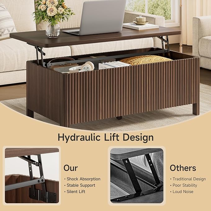 ONBRILL Fluted Lift Top Coffee Table with Storage, Mid Century Modern Coffee Table with Hidden Compartment, Rising Top Wood Center Table for Living Room, Home Office, Rounded Edges (Walnut)