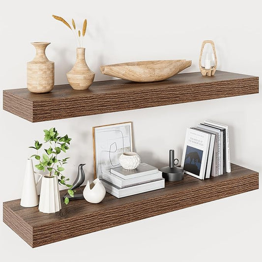Floating Shelves for Wall,Walnut 32 Inch Floating Shelves Set of 2,9.3" Deep Wall Shelves for Bathroom Bedroom Living Room Kitchen Office,Wall Mounted Shelves for Books Storage Room,Home Decor