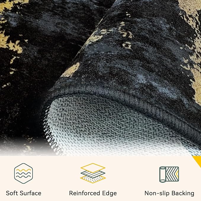 Washable Area Rugs Square 6ft Non-Slip Modern Abstract Soft for Living Room Entryway Bedroom Nursery, Print Pattern, Dark Black Gold
