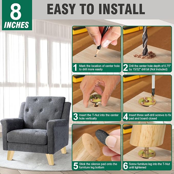 FoDau770 Rubber Wood Furniture Legs 8 Inches, 5/16" UNC Slant Tapered Wood Feet Mid Century Sofa Legs, Wooden Furniture Feet Replacement Parts for Cabinet Couch Dresser Chair Ottoman Table