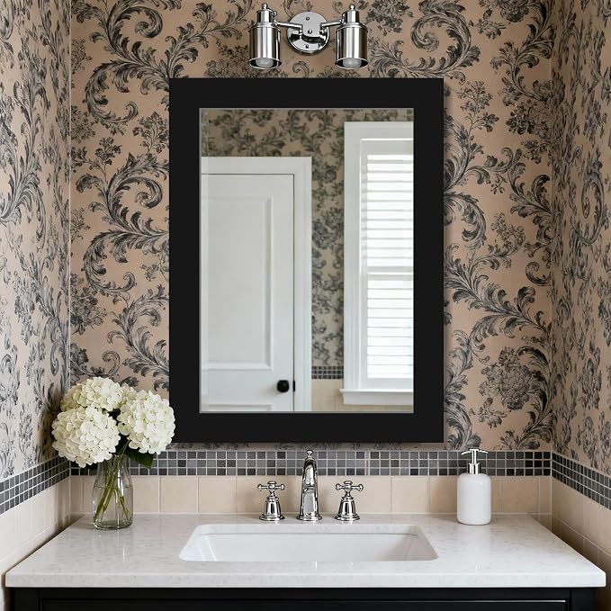 32''x24'' Rustic Wall Mirror for Bathroom Black Wood Frame, Classic Rectangle Mirror Farmhouse Vanity Wall Mirror Decor Living Room, Bedroom, Entryway