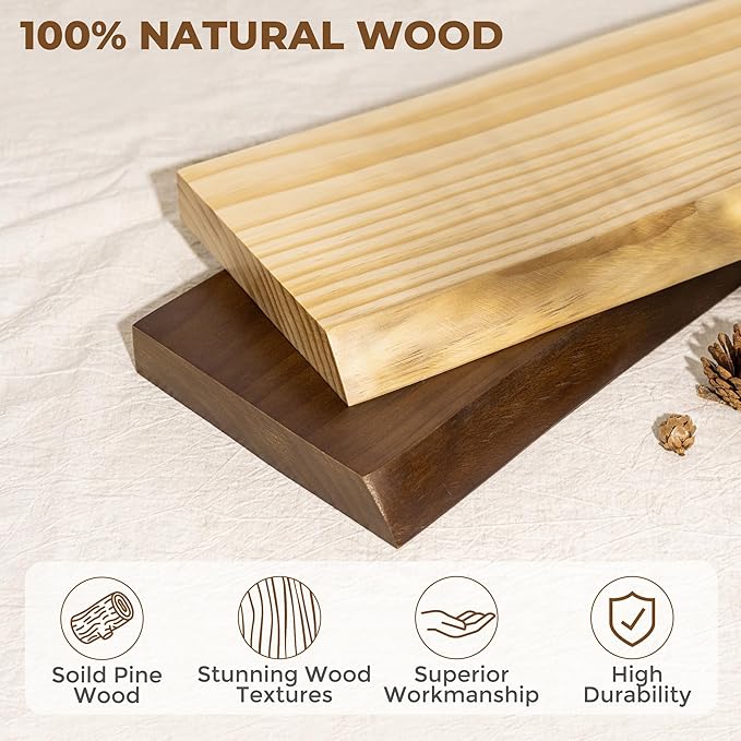 RICHFOCUS Live Edge Wood Floating Shelves for Wall 24" Natural Solid Wood Wall Mounted Shelf|8 Inch Deep Wooden Floating Shelves with Invisible Bracket for Bathroom Kitchen Room|2Pcs, Natural