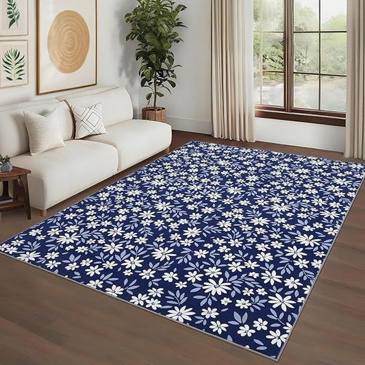 Washable 8x10 Rug Modern Floral Area Rug for Living Room Low Pile Soft Bedroom Indoor Carpet Modern Solid Large Rugs Non Slip Thin Foldable Floral Carpet Mat for Nursery Dining Room, Navy
