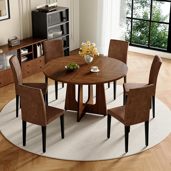 47" Round Dining Table Set for 6, Walnut Wood Grain Table and 6 Brown Suede Upholstered Chairs Set, Mid Century Modern Kitchen Table Set with Cross Legs