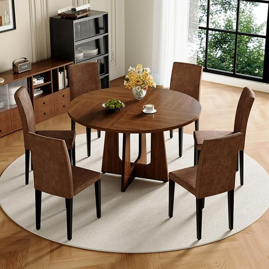 47" Round Dining Table Set for 6, Walnut Wood Grain Table and 6 Brown Suede Upholstered Chairs Set, Mid Century Modern Kitchen Table Set with Cross Legs