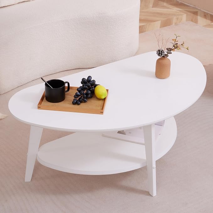 NAVREX Mid Century Modern Coffee Table, Oval Coffee Tables with Storage for Living Room, 2 Tier Solid Wood Center Table, White Coffe Tables, Easy Assembly, Value Lies in Material 40.2" D x 22" W