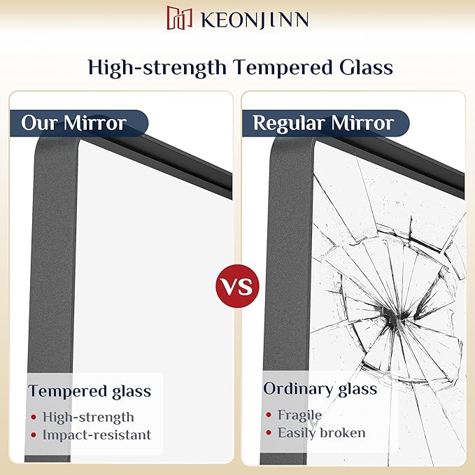 Keonjinn Black Bathroom Mirror for Vanity 24 x 36 Inch Metal Framed Wall Mirror Matte Black Rounded Rectangle Farmhouse Mirror, HD Tempered Glass, Wall-Mounted Decorative Mirrors(Horizontal/Vertical)