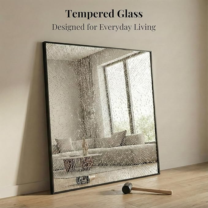 30"x30" Square Black Bathroom Mirror, Shatterproof Tempered Glass, Geometric Narrow Metal Frame Vanity Mirror, Ultra-Flush Wall-Mounted