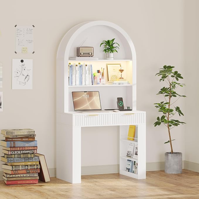 Arched Desk for Home Office, Computer Desk with 2 Drawers & Hutch, Wood Writing Desk with Power Outlets, 3 Color LED Lights, Side Open Shelves, Modern Fluted Design, 35.4" W x 70.8" H (White)